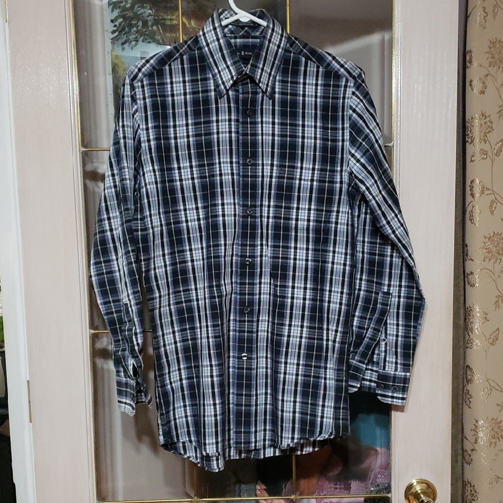 Bill Blass Shirt Adult Small Blue Plaid Button Down Long Sleeve 90s